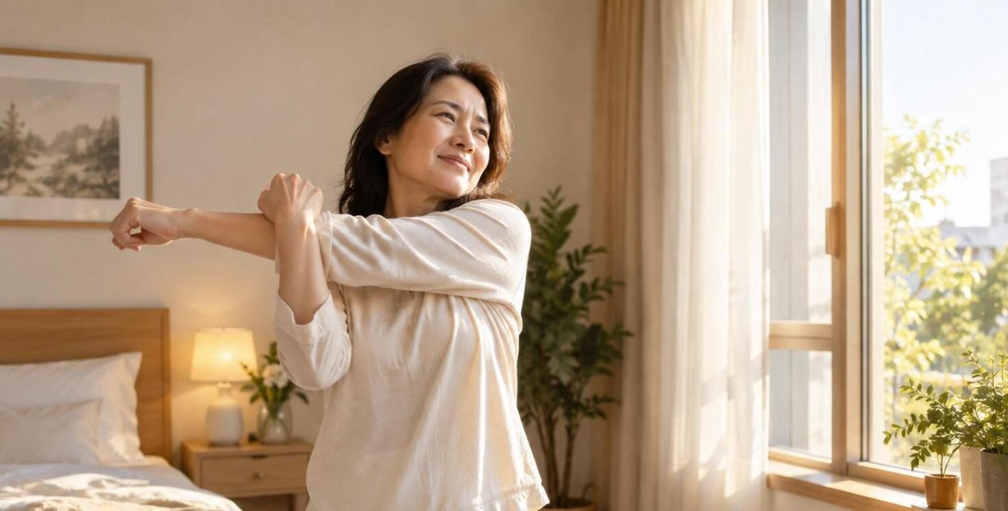 Phụ nữ châu Á giãn cơ tay buổi sáng