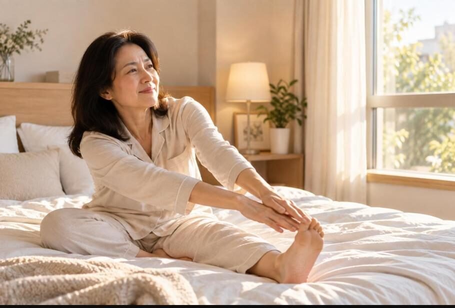 Phụ nữ châu Á tập giãn cơ trên giường buổi sáng